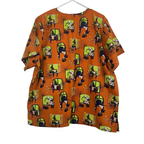 Halloween-Themed Orange Scrub Top With Witch & Spiderweb Print Size XL MnJ Brand - Picture 7 of 10